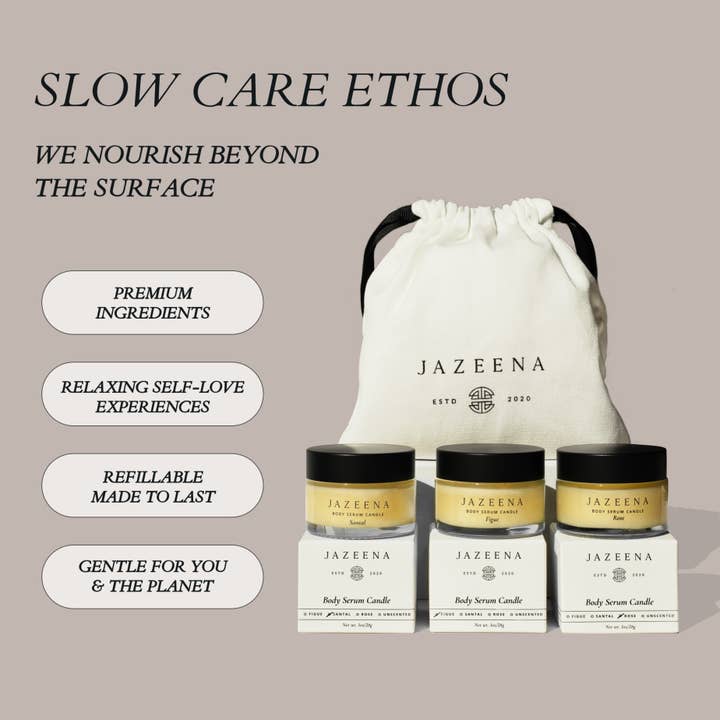 Jazeena - Wholesale Bath & Body Set - Body Serum Candle Set | Giftable, Trial-sized 3x1oz9