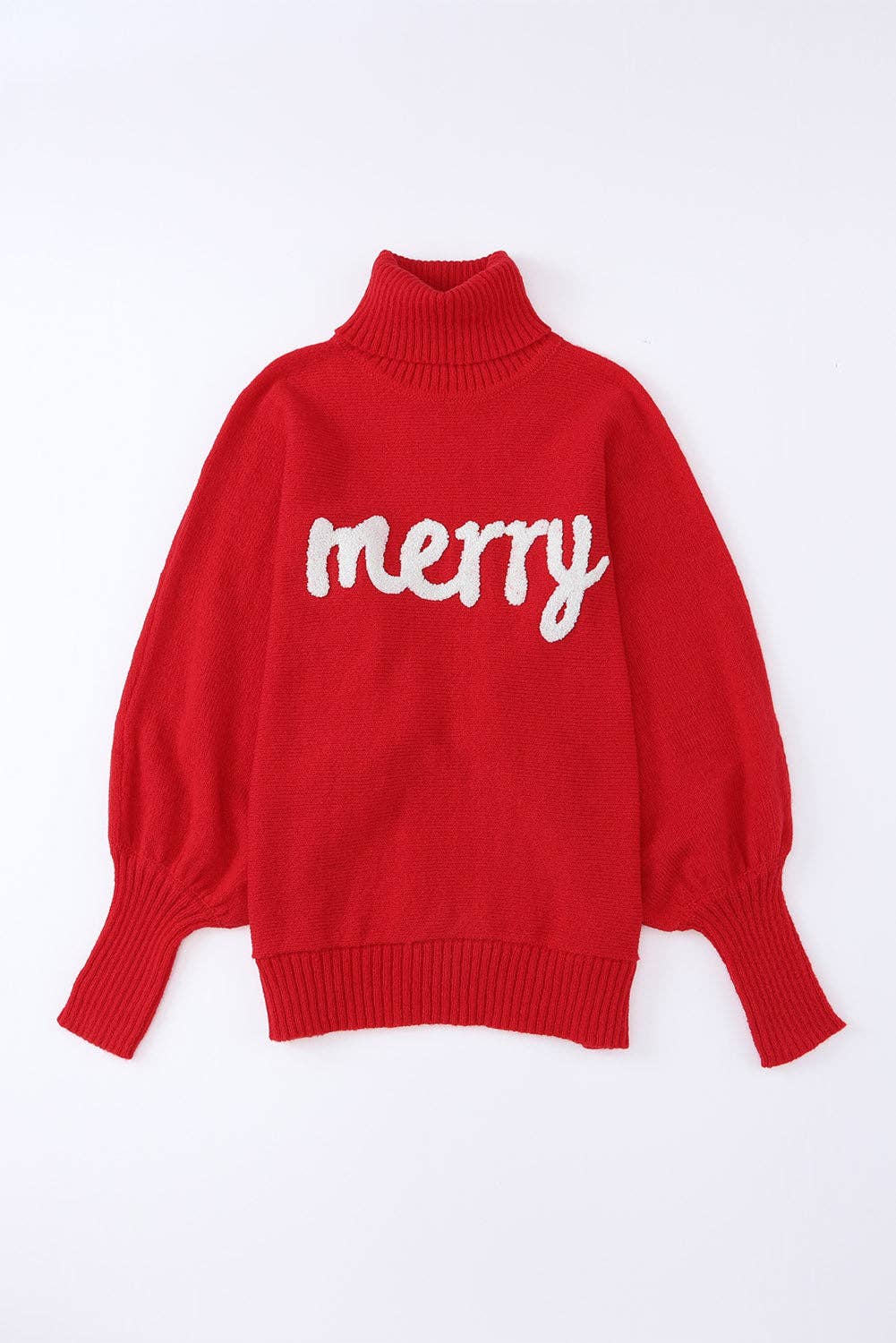 PRETTY BASH - Wholesale Knit Sweater - Women's - Christmas Merry Embroidered Puff Sleeve Turtleneck Sweater4