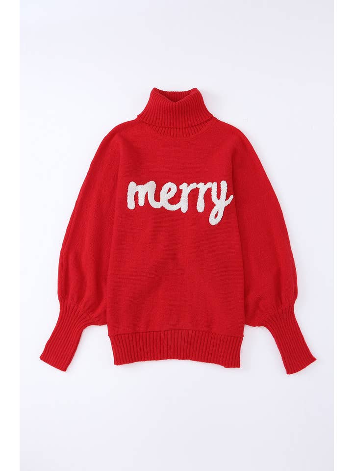 PRETTY BASH - Wholesale Knit Sweater - Women's - Christmas Merry Embroidered Puff Sleeve Turtleneck Sweater4