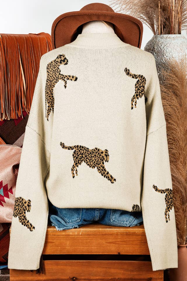 As shown Western Lively Cheetah Print High Neck Split Hem Sweater for wholesale on Faire1