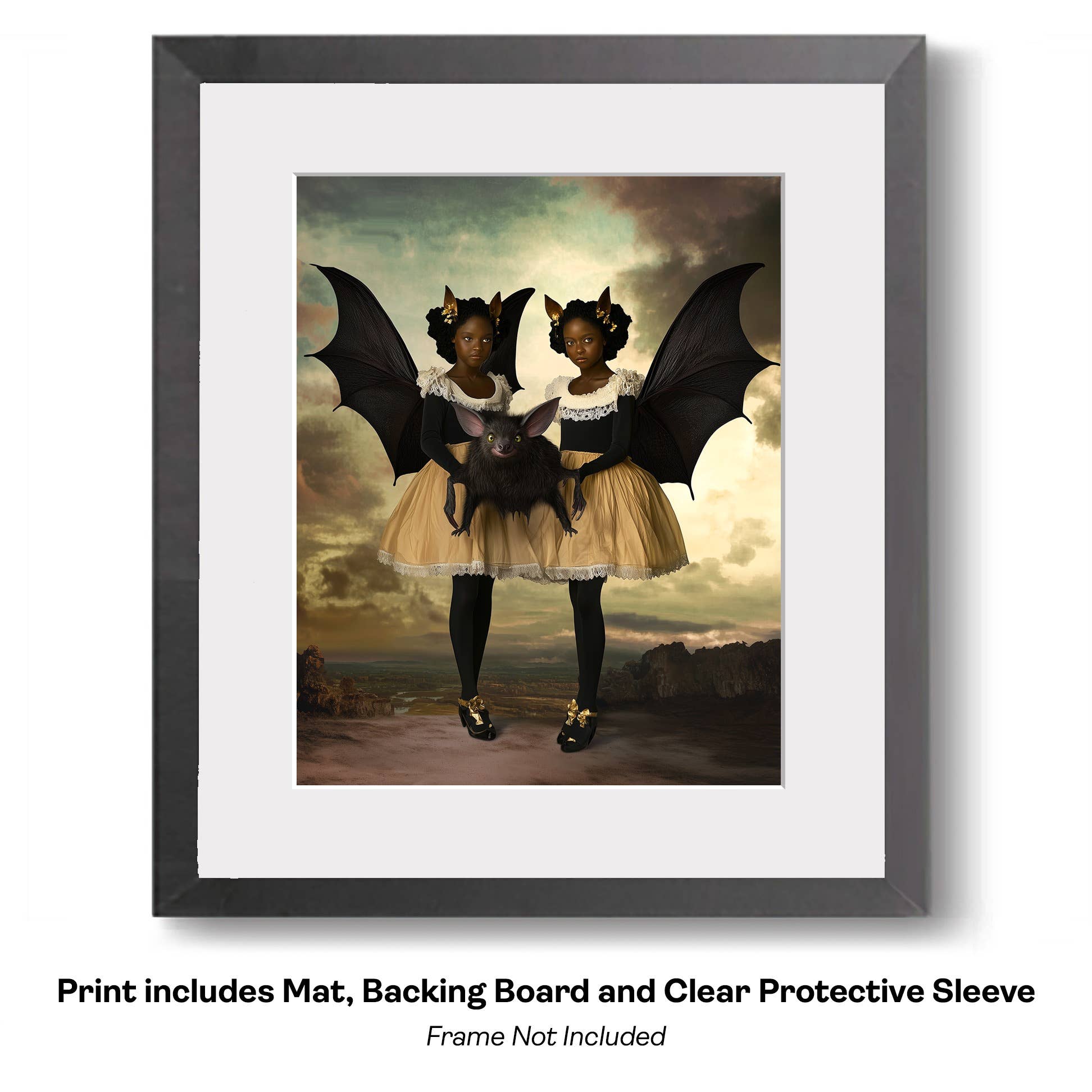 Mowbi - Wholesale Art Print - Goth Fairy Flying Through Canyons on Her Bat - Very Grim Fairytale Prints – 8″x10″ Artwork in 10″x12″ Mat13