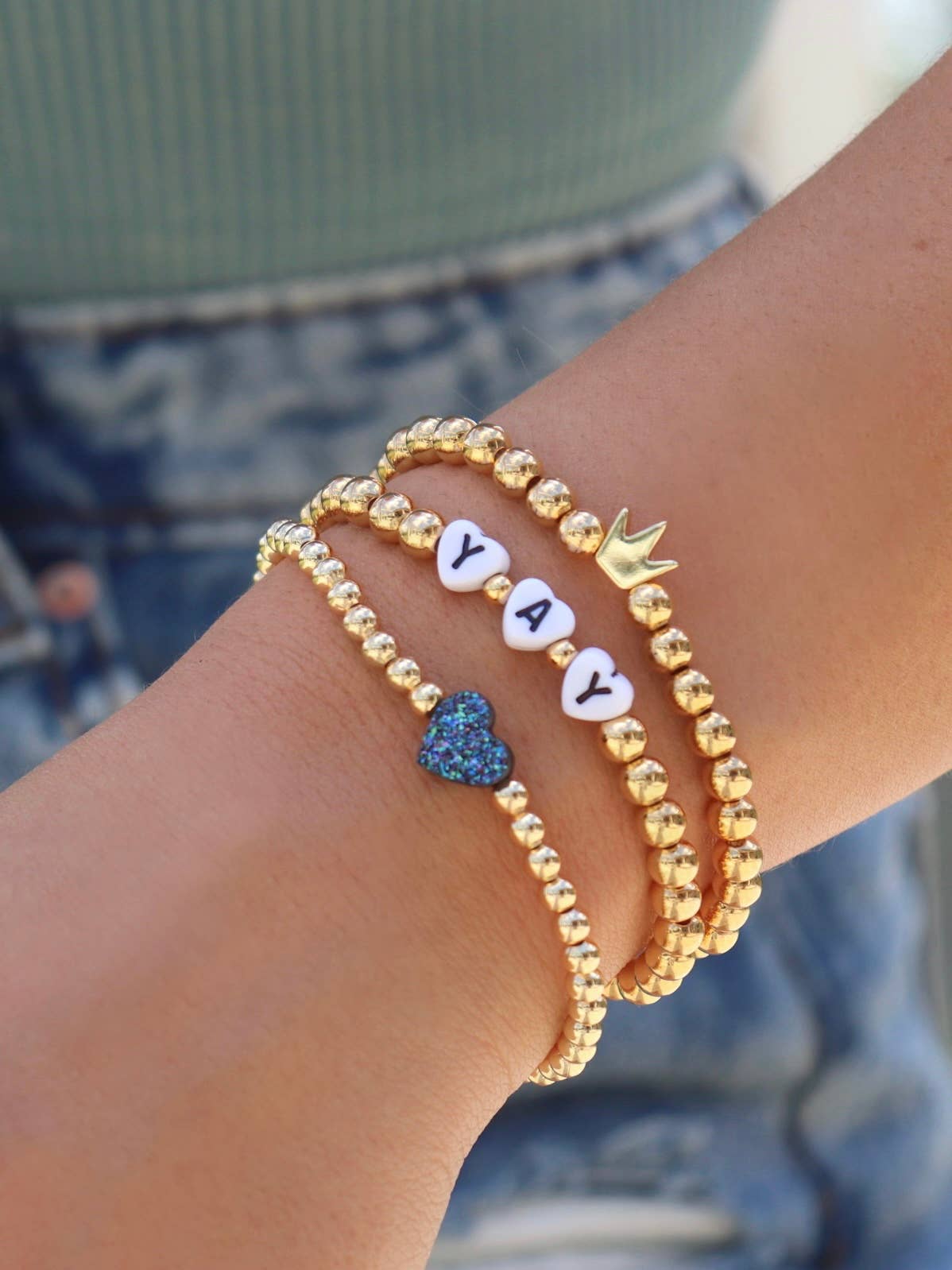 Kaylie Dawn Jewelry - Wholesale Beaded Bracelet - Druzy Heart Handmade Stretchy Gold Beaded Bracelet, 4 Colors5