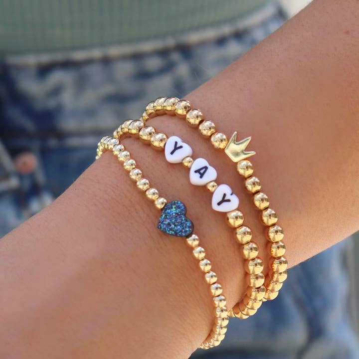Kaylie Dawn Jewelry - Wholesale Beaded Bracelet - Druzy Heart Handmade Stretchy Gold Beaded Bracelet, 4 Colors5