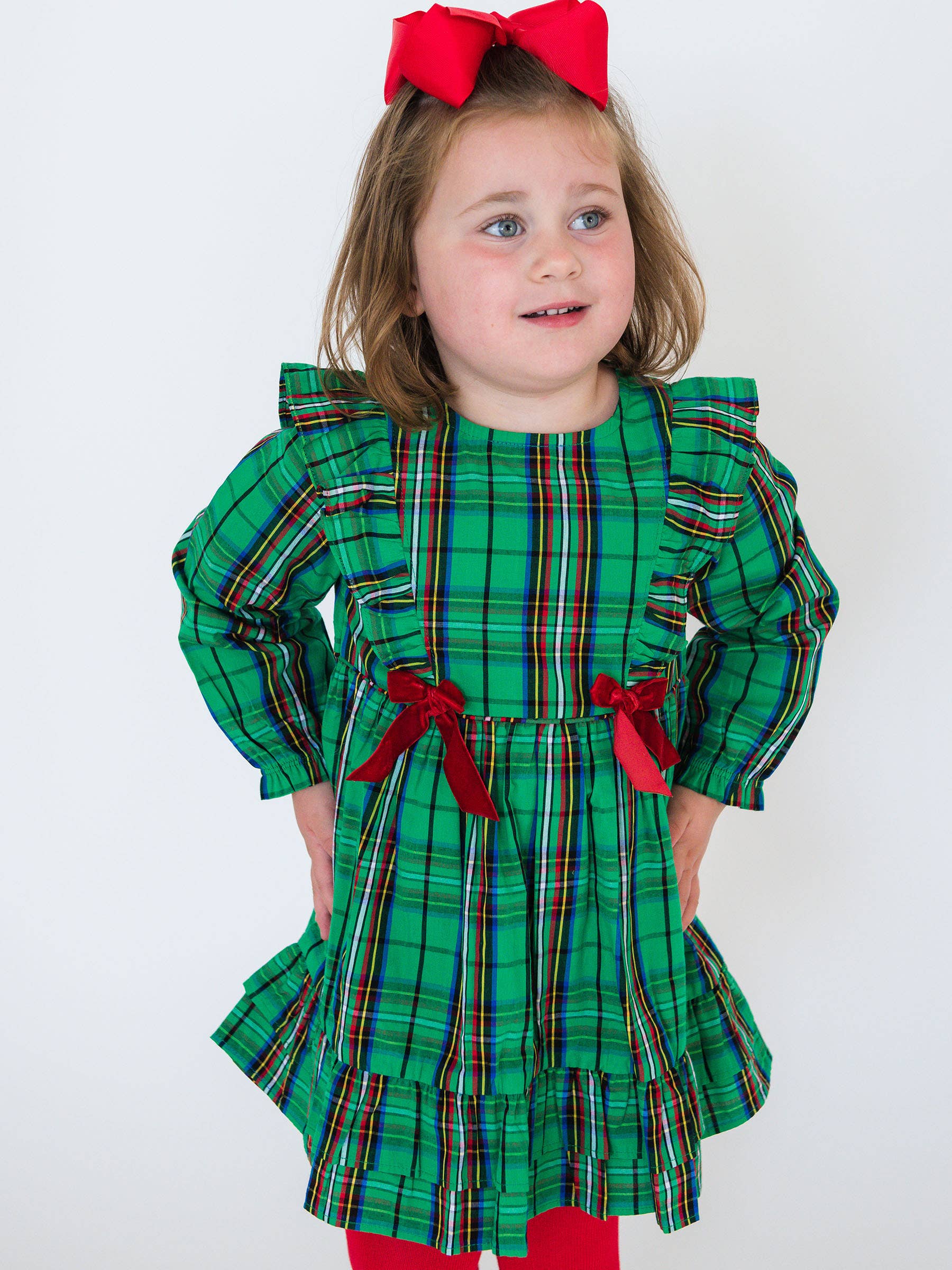 Girls Green Nicholas Plaid Woven Long Sleeve Waterfall Bow Dress for wholesale on Faire0