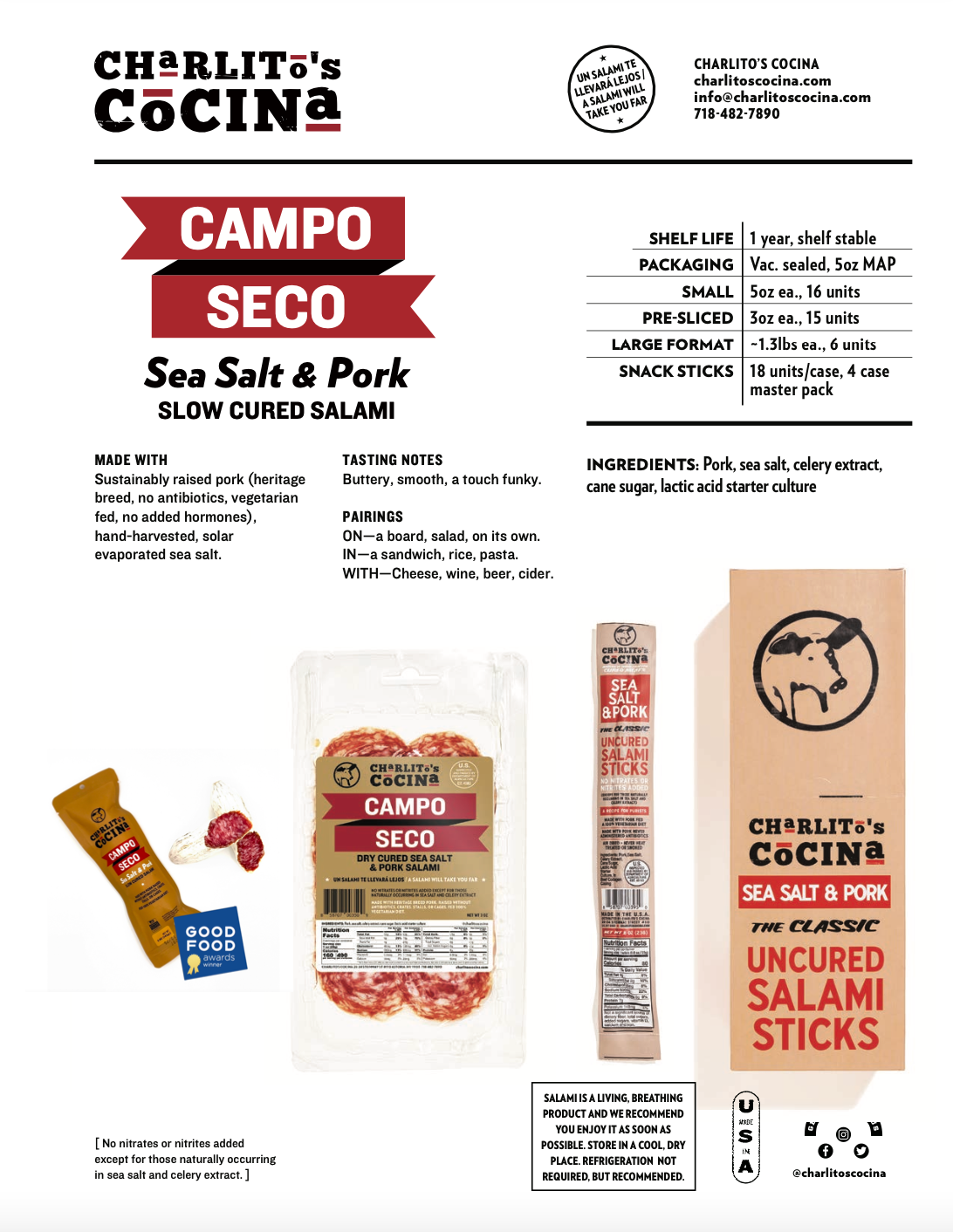 Charlito's Cocina – wholesale Salami – Campo Seco - Slow Cured Sea Salt and Pork Salami  Pre-Sliced10