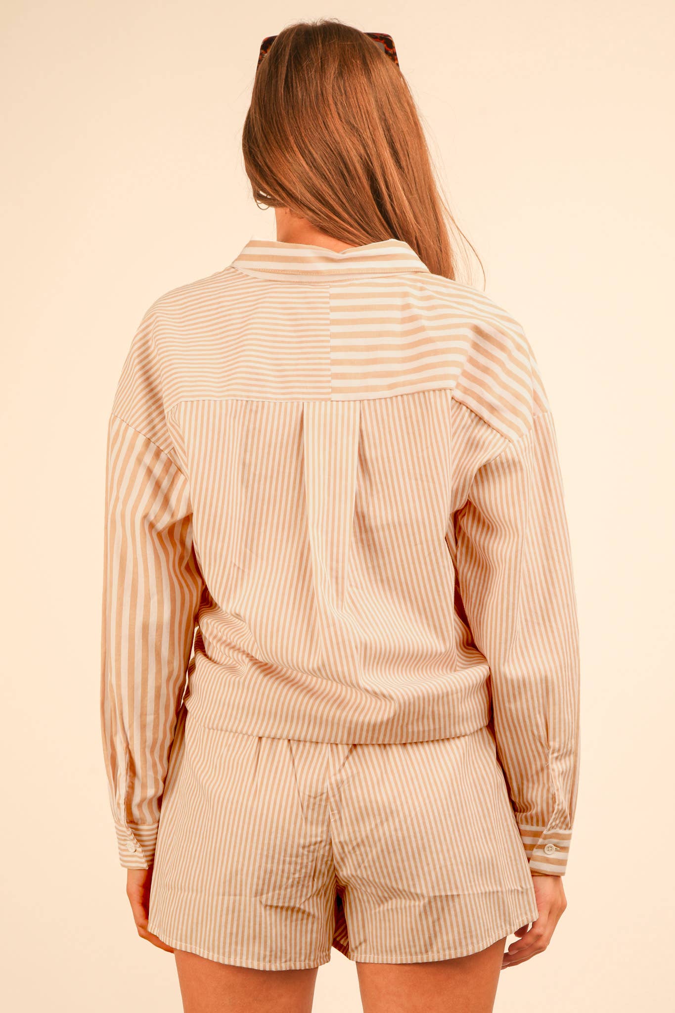 VERY J - Wholesale Lounge Set - Women's - NT12020SET-Striped Oversized Comfy Shirt Top & Shorts Set20