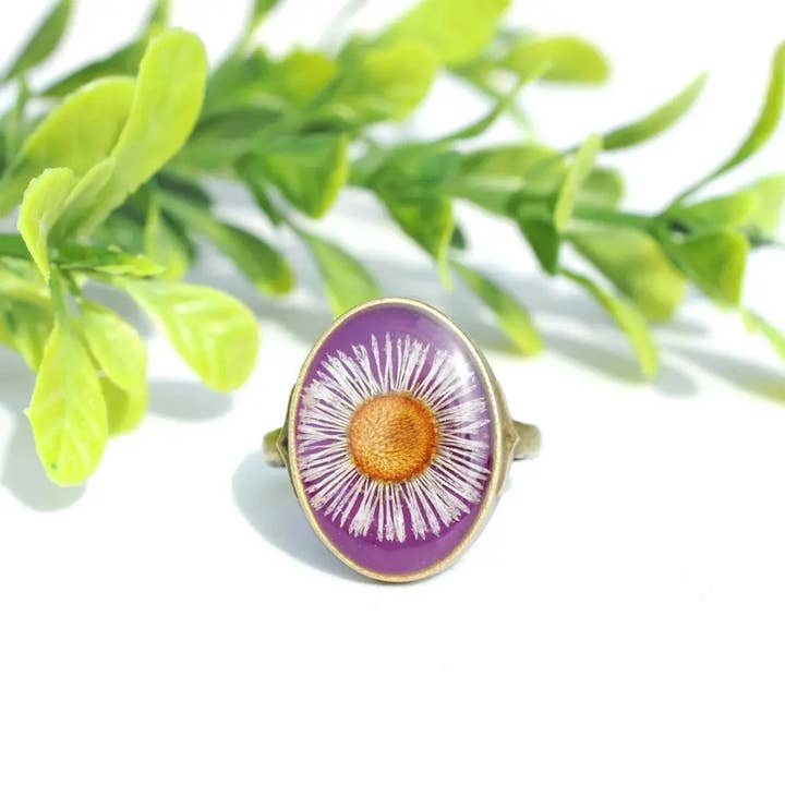 Pressed Flower Oval Ring for wholesale by My Beverly Jewelry