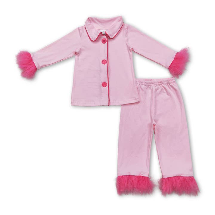 Yawoo Garments - Wholesale Sleepwear Set - Kids - Hot pink plaid fur ruffle kids girls button down pajamas1