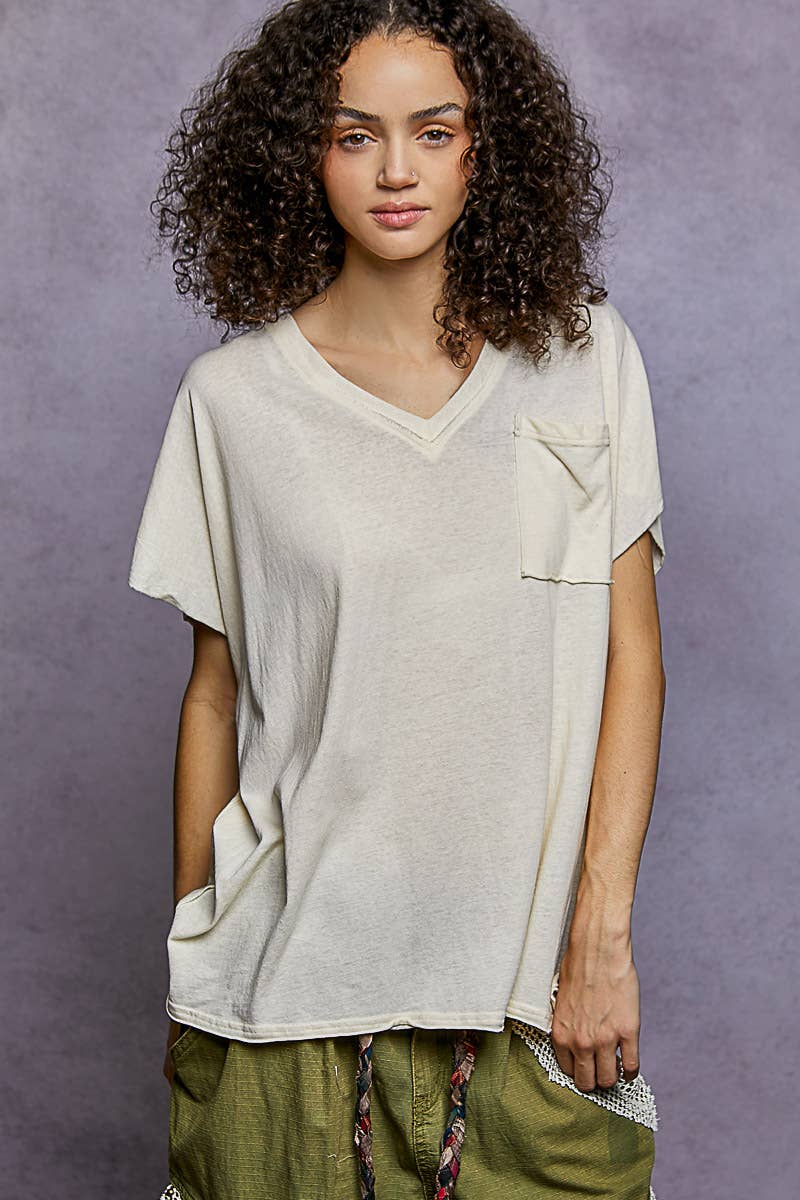 Pol Clothing - Wholesale T-Shirt - Women's - Oversized v-neck front pocket short sleeve solid top SALE6