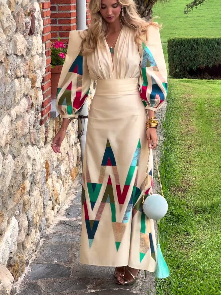 Elegance Colorful Triangle Print Blouse High Rise Skirt Set for wholesale by Rosa Clothing