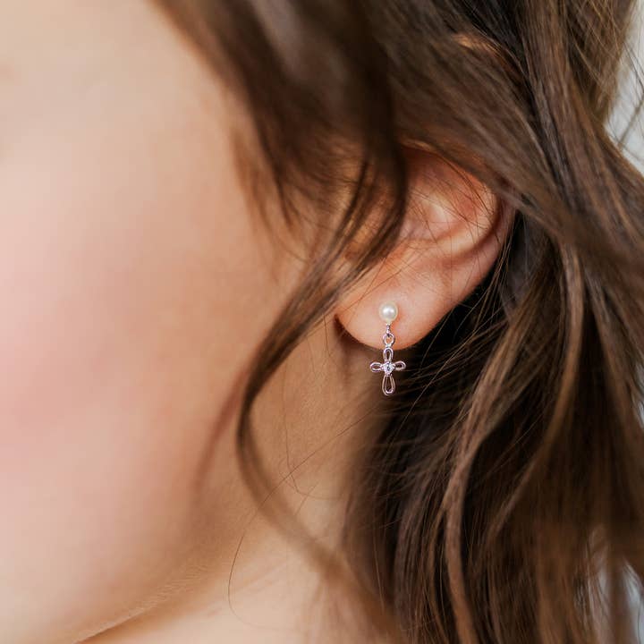 Cherished Moments - Wholesale Earrings - Kids - Sterling Silver Pearl Cross Baptism/First Communion Earrings