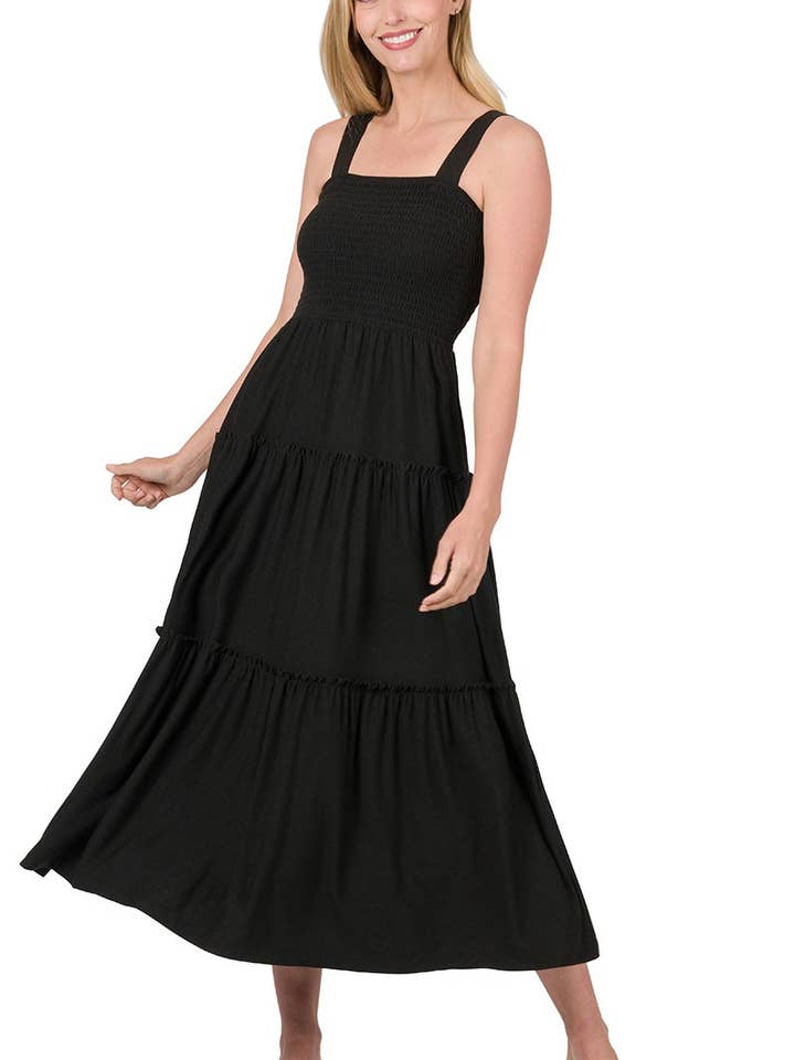 Abito midi a balze con punto smock per la vendita all'ingrosso da parte di Vanilla Monkey