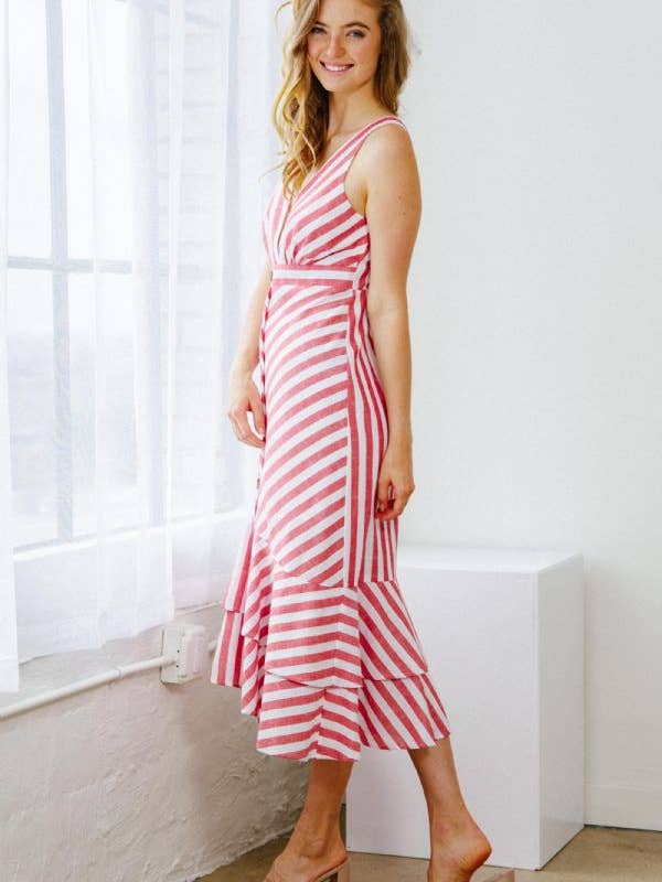 Red PLUS STRIPED BUTTON DOWN MIDI DRESS for wholesale on Faire