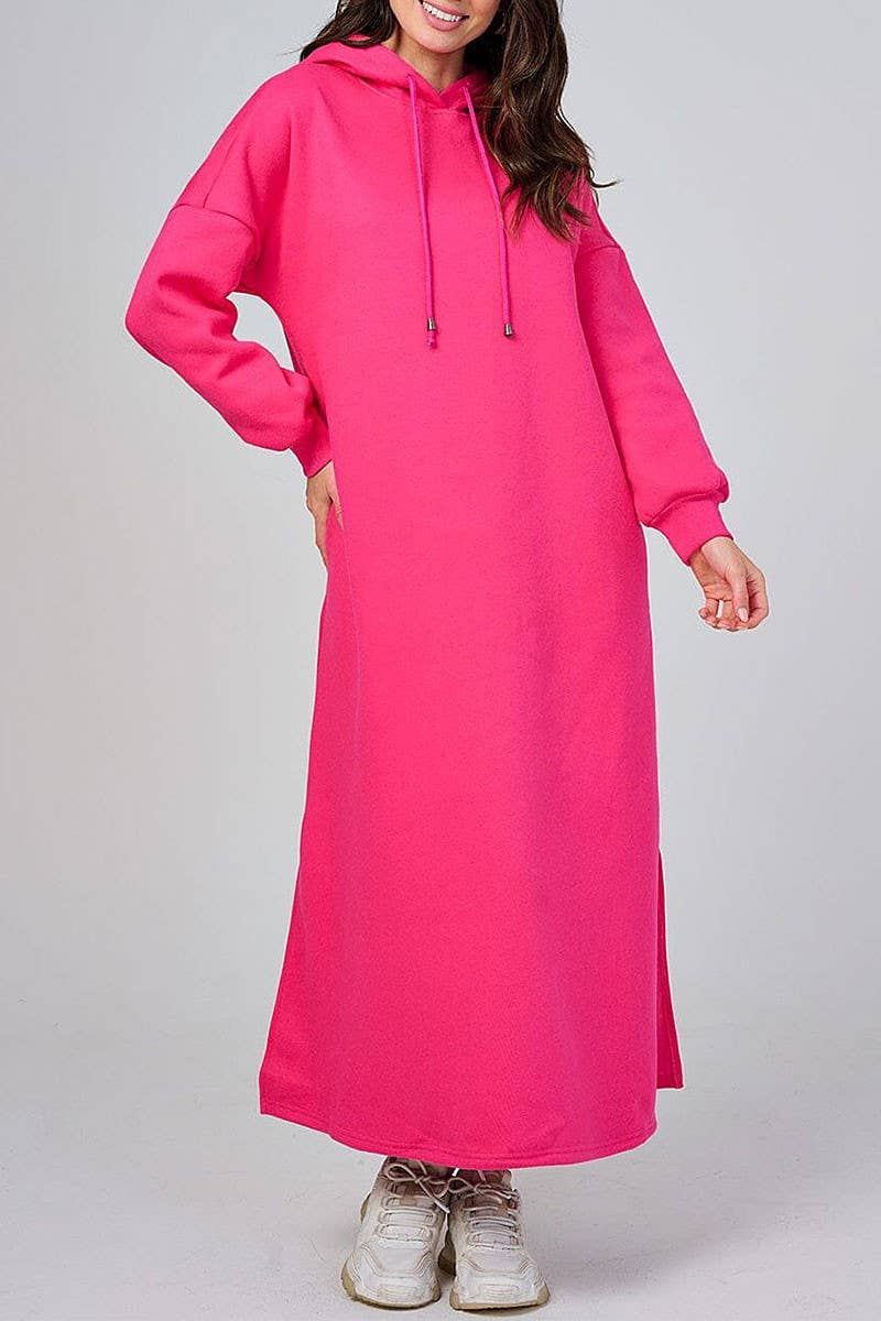 ROUSSEAU - Wholesale Dress - Women's - SOLID LONG SLEEVE HOODED POCKET FRONT MAXI DRESS2