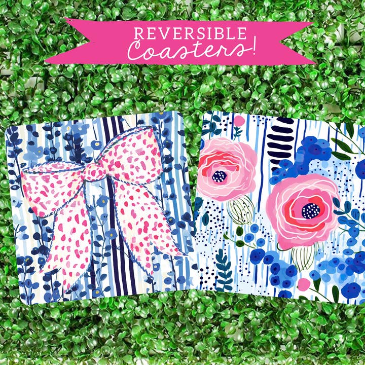 Blue & Pink Bold Watercolor Flowers Cheetah Bow Coaster set for wholesale by billet-doux
