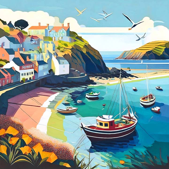 Boats in harbour art deco III for wholesale by Coastal & Countryside Greeting Cards by NY