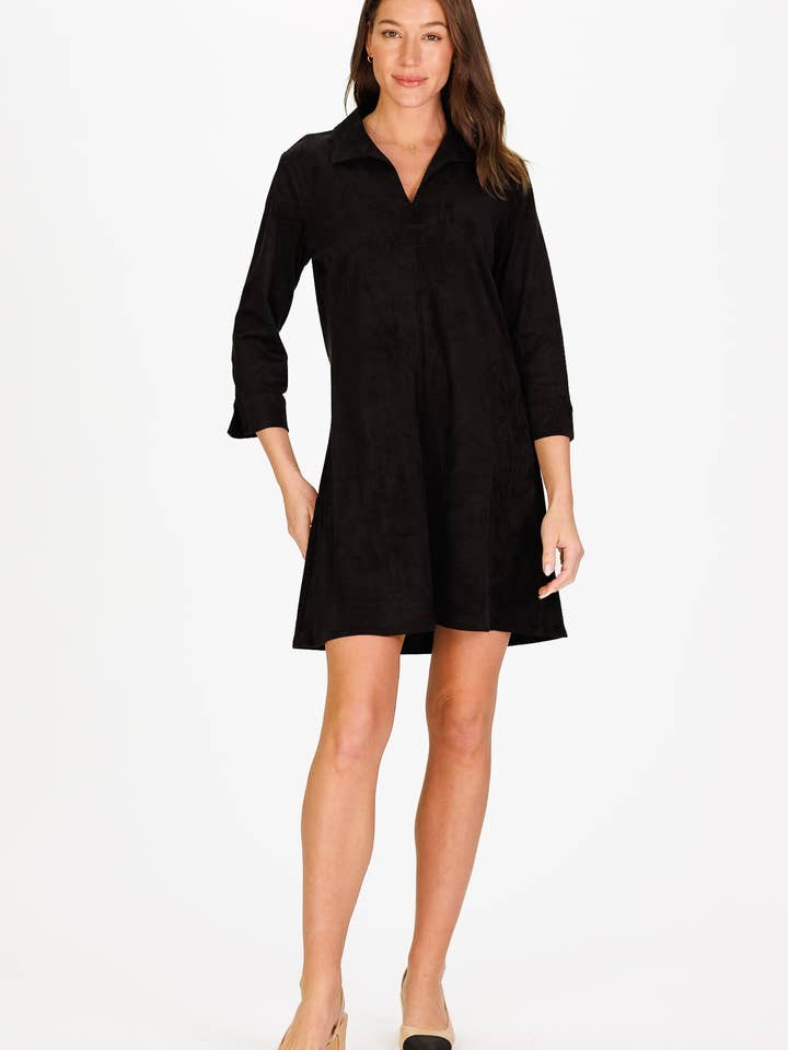 Suede Victoria Dress in Black Stretch Suede for wholesale by Duffield Lane