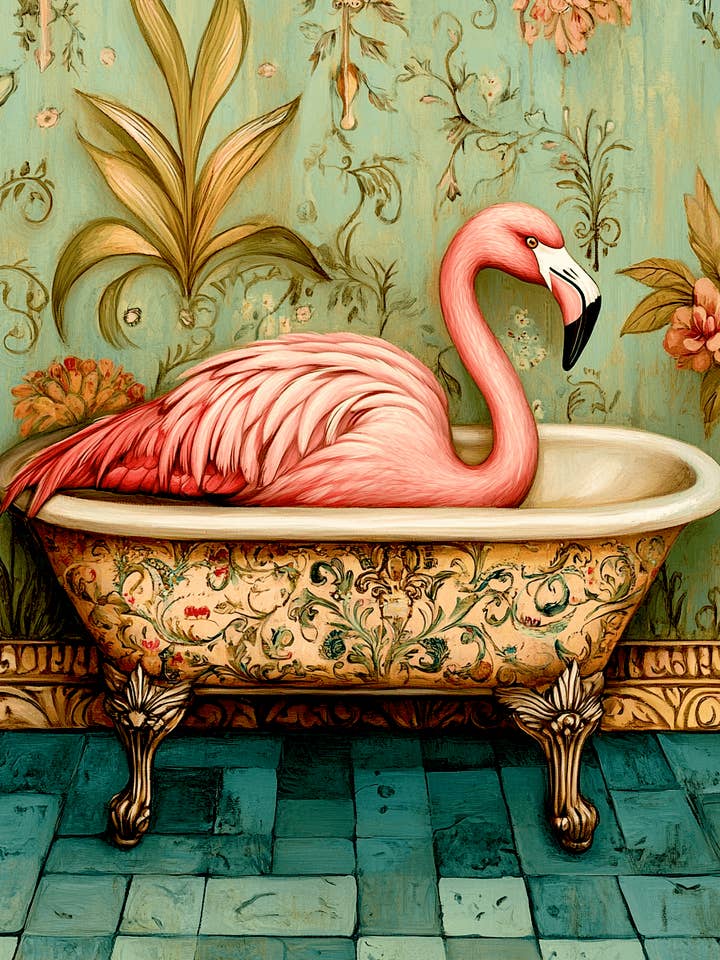 Pink Flamingo in Victorian Bathtub - Bathroom Wall Art Prints – 8″x10″ Artwork for 11″x14″ Frame for wholesale by Mowbi