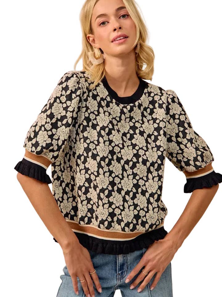 BiBi Textured Rose Knit Top Contrast Banded Puff Sleeve for wholesale by Garden Naked