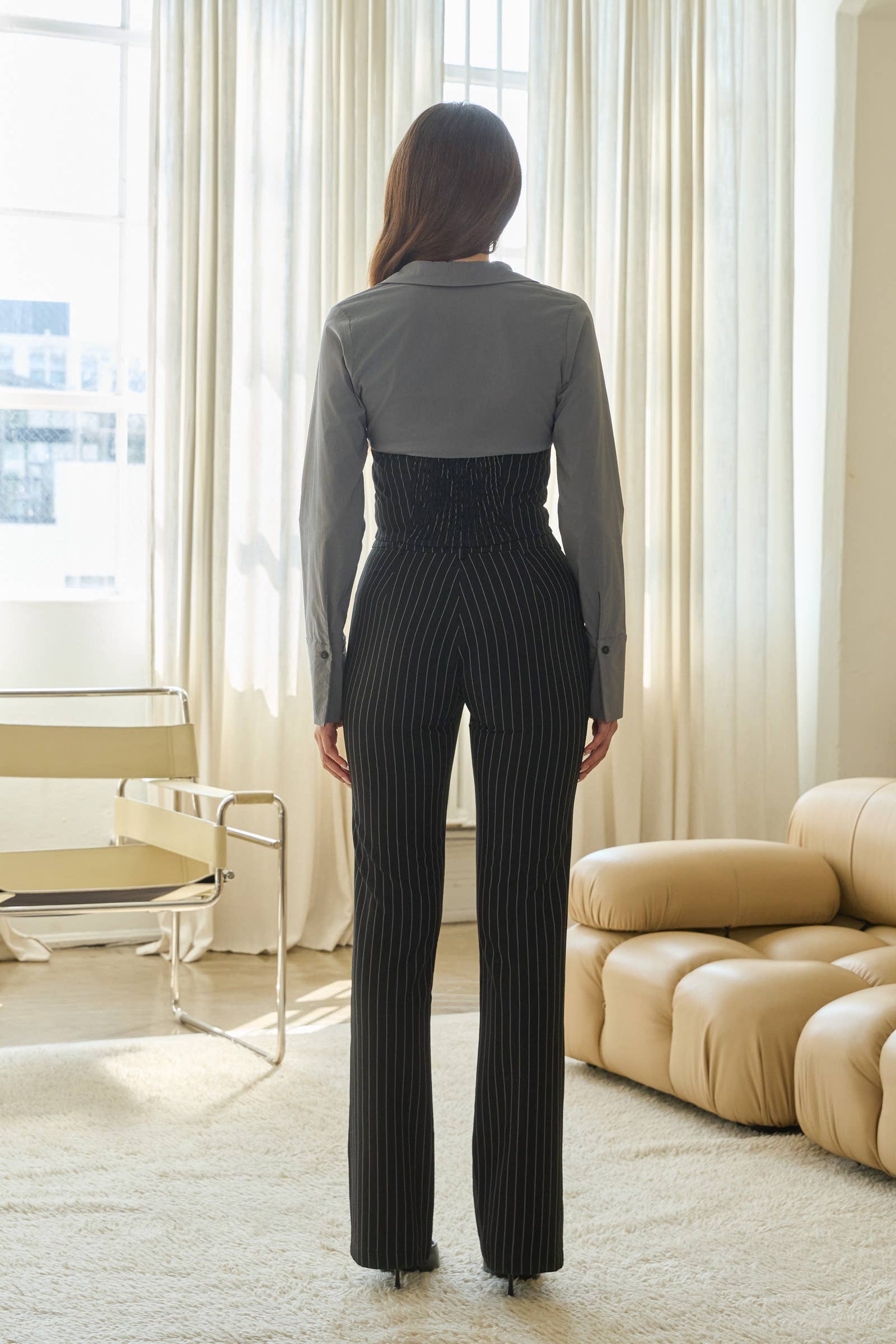 Zwart Poplin set met krijtstreep geweven top en broek. voor groothandel op Faire3