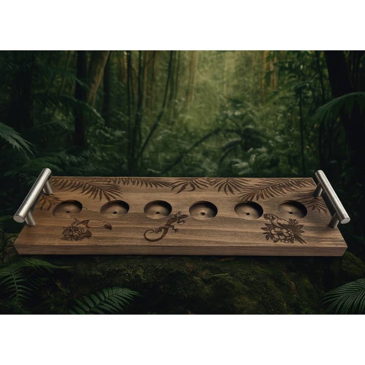 Rainforest Shot Glass Flight Board Bourbon Recipe Book QR
for wholesale by Wooden Nose Gift Shop