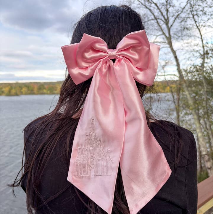 Magical Kingdom Castle Satin Hair Bow | Embroidered Clip for wholesale by Blissfully Bookish Company