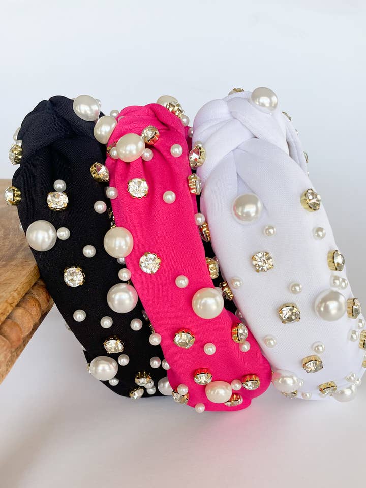 Pearl & Rhinestone Embellished Knot Top Headbands for wholesale by The Wildflower Company