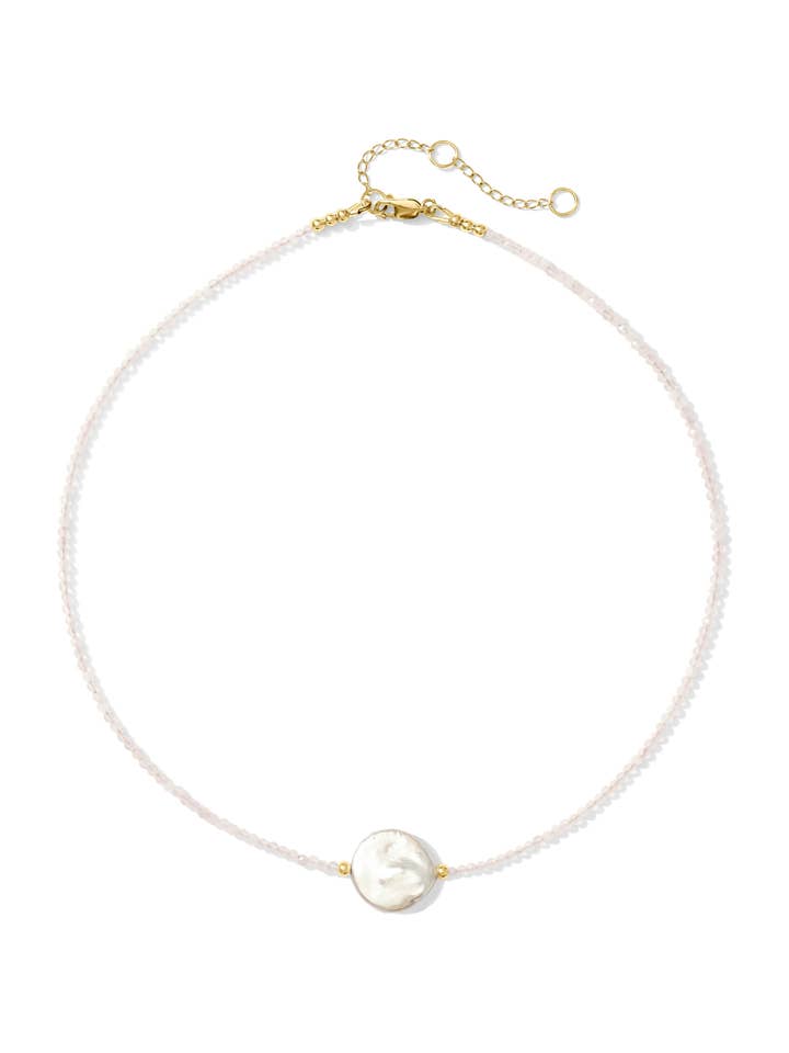 Collar de piedra preciosa con perla de moneda mística en cuarzo rosa, joyería para venta al por mayor de Kaylie Dawn Jewelry