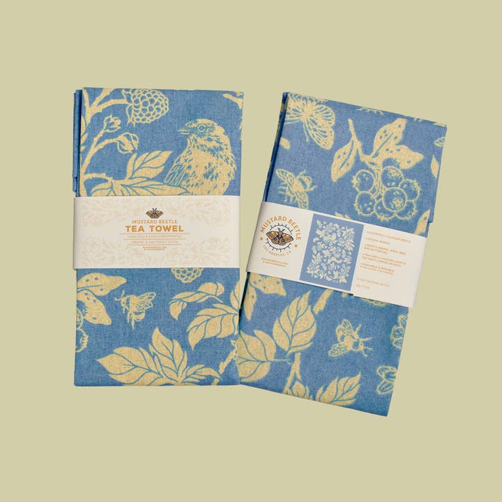 Mustard Beetle - Wholesale Tea Towel - Hand Dyed + Screenprinted Organic Cotton Tea Towel: Berries