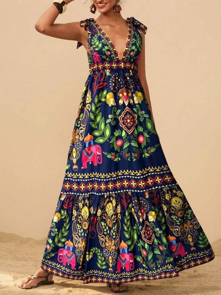 Rosa Clothing - Wholesale Dress - Women's - straps shoulder Tropical Floral print resort maxi dress2