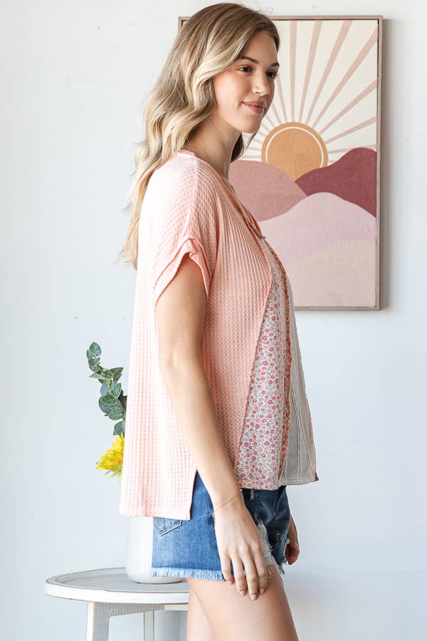 7th Ray - Wholesale Tunic - Women's - Multi Fabric Patchwork V neck Short Sleeve Top T594114