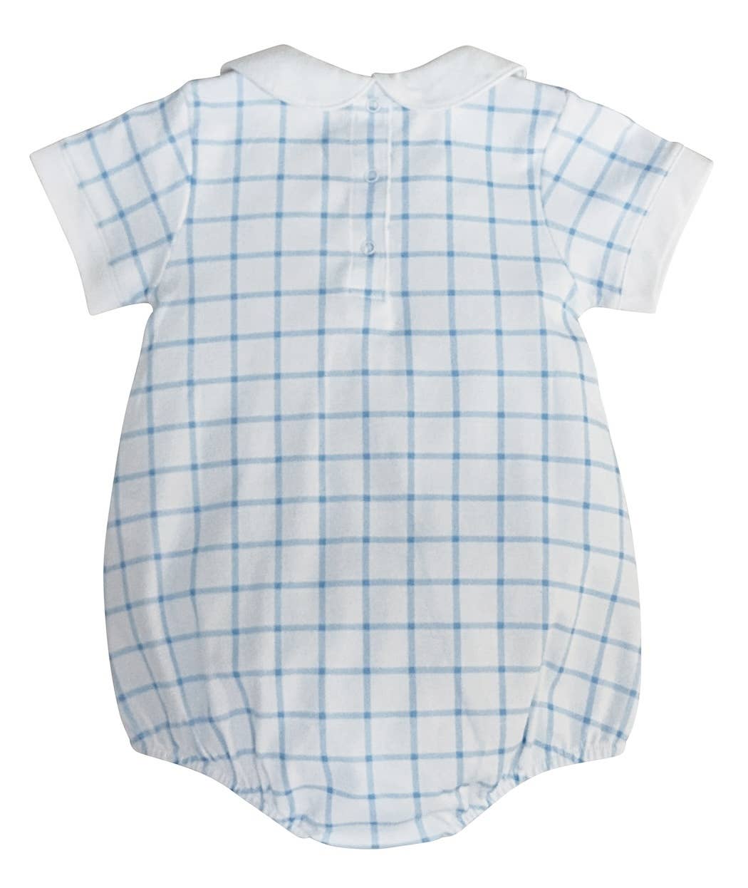 Marco and Lizzy - Vendita all'ingrosso Tutina (senza piedini) - Neonati - Pagliaccetto a quadri azzurri su bianco per bambino in cotone pima - collezione Palm Beach1