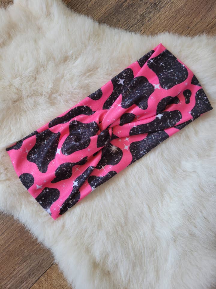 Neon Pink With Black Sparkle Cow Print Headband for wholesale by Sew fashionable headbands