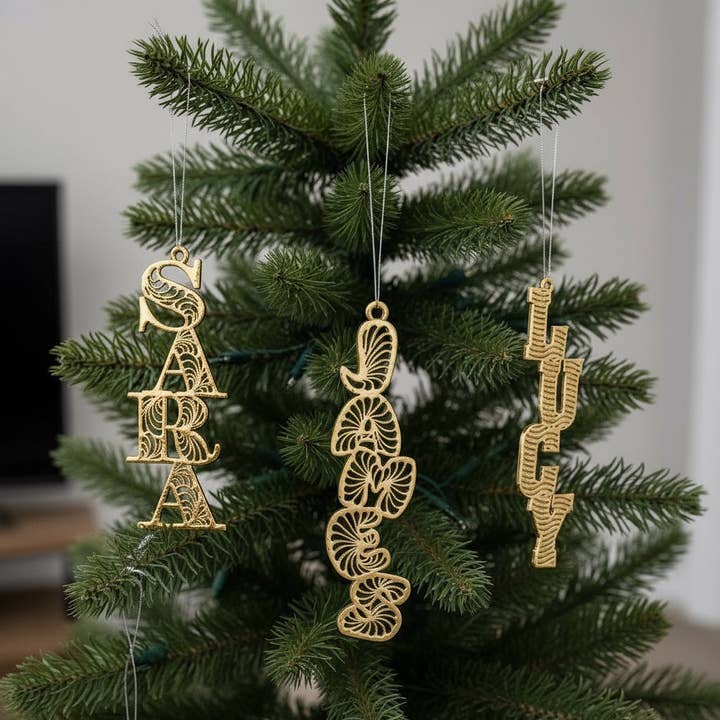 Custom Antique Brass Christmas Ornament | Personalized Name Tag Décor | Set of 2 or 4 for wholesale by The Tangerine Store