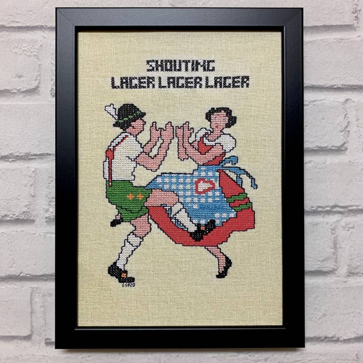 Upcycled Shouting Lager Print for wholesale by Cross Stitch Bitch