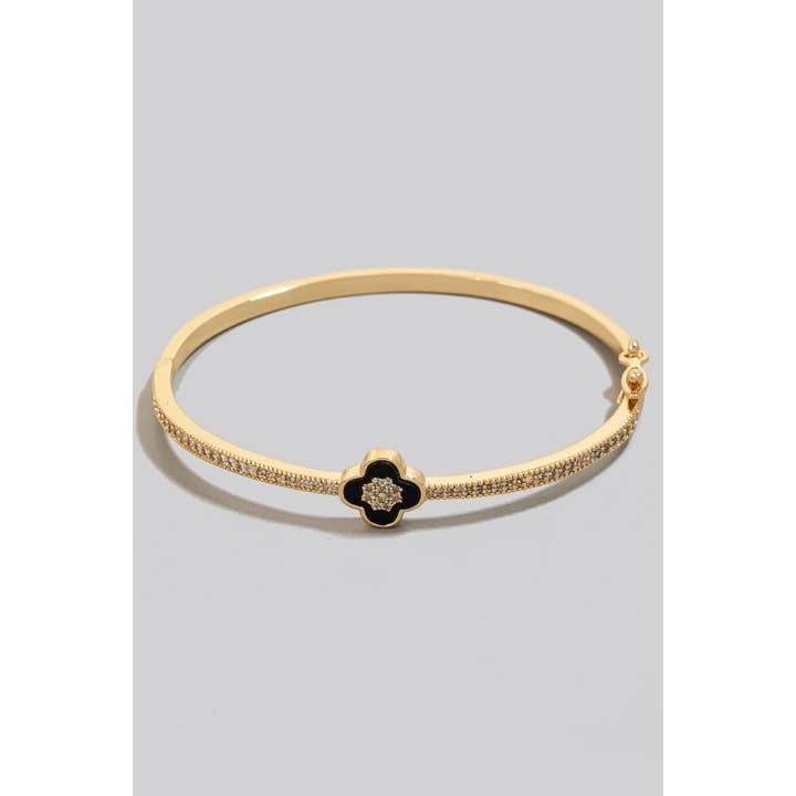The Looks by Fame Accessories - Wholesale Bangle Bracelet - Gold Dipped Cz Pave Row And Clover Hinge Bangle Bracelet