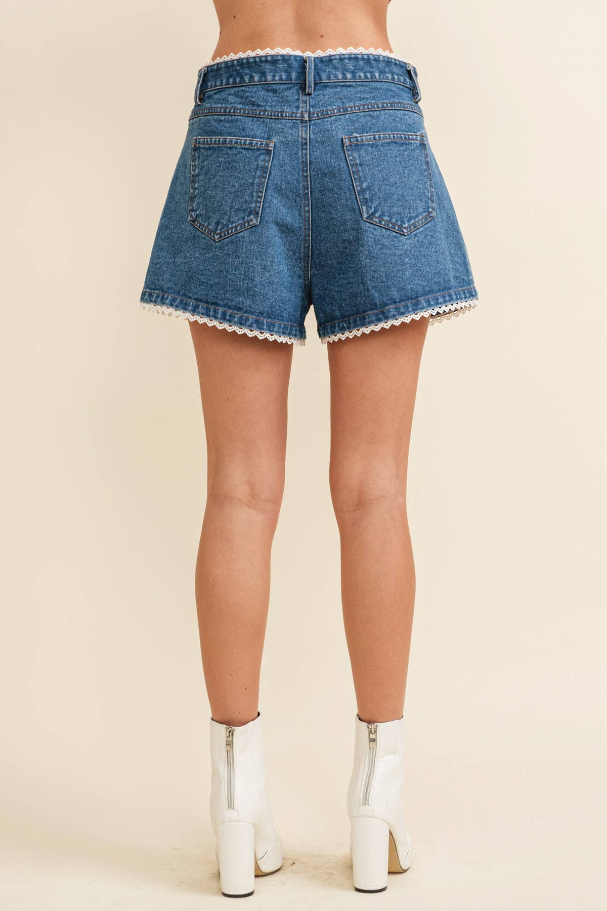 CP13470A - LACE TRIM PLEATED DENIM SHORTS for wholesale on Faire9