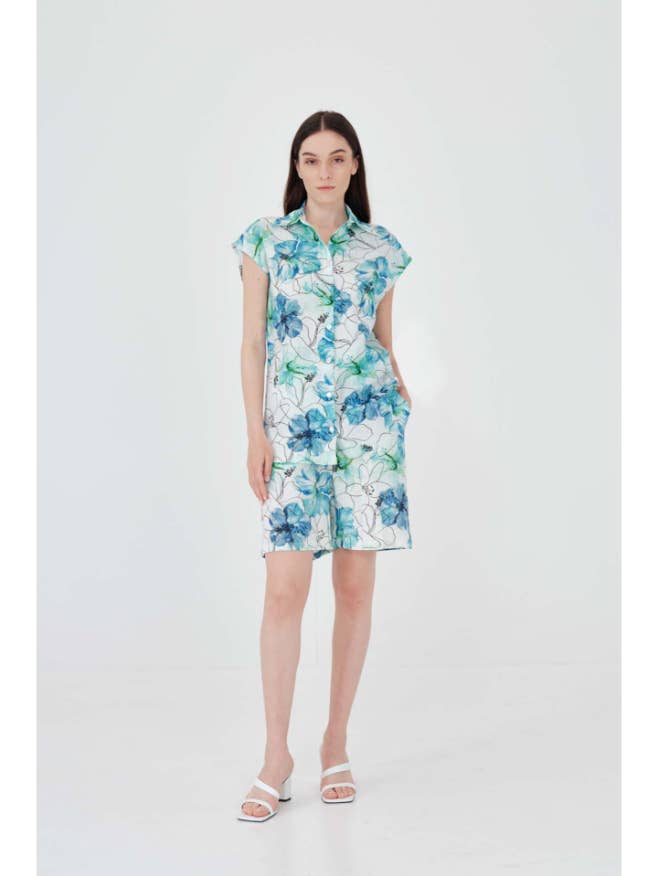 Kurzärmliges Leinenhemd mit Print für den Großhandel von Haris Cotton