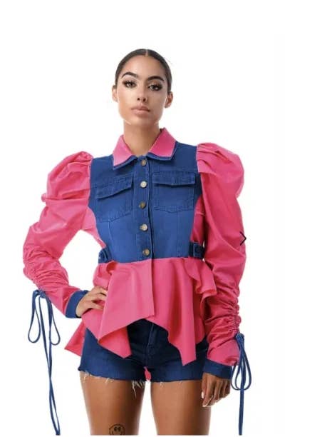 Womens Puff Sleeve Ruffle Top Button Up Jacket -31259 TAN for wholesale by Mir Apparel