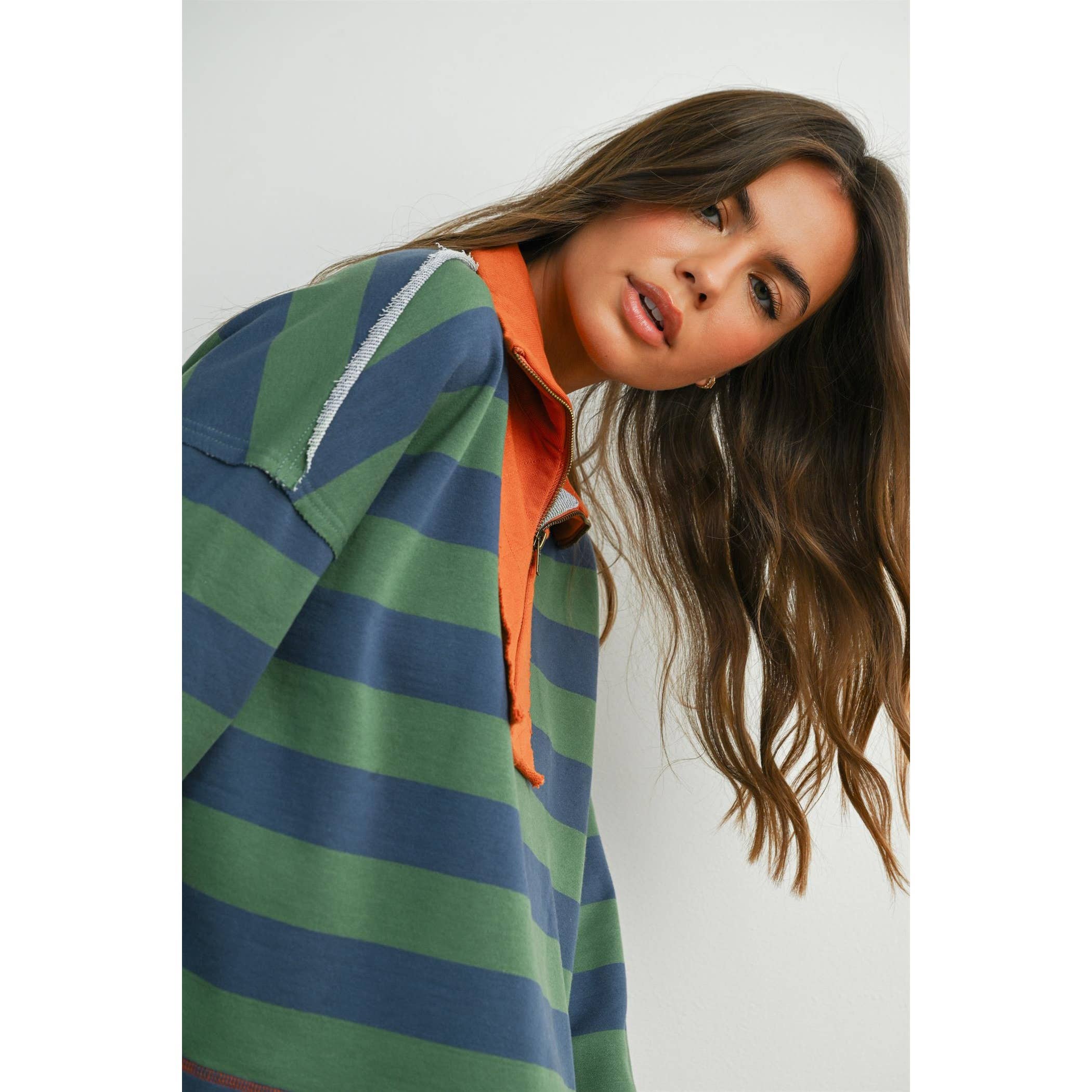 BUTTERMELON - Wholesale Sweatshirt - Women's - Striped Quarter-Zip Contrast Collar Sweatshirt - BMT797424