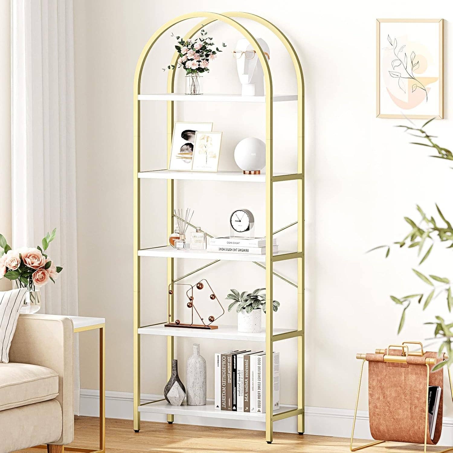 5 Tier Bookshelf Arched Display White Gold Metal Frame Bookcase for wholesale on Faire3