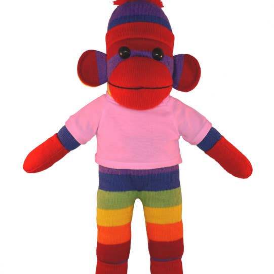 Plushland - Wholesale Stuffed/Plush Toy - Kids & Baby - Customizable 8" Rainbow Sock Monkey with Tee shirt