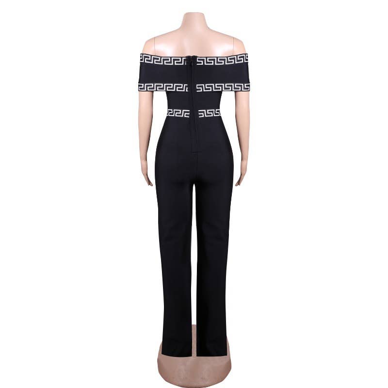 Noir JP014 Combinaison élégante à une épaule à bordure imprimée en vente sur Faire7