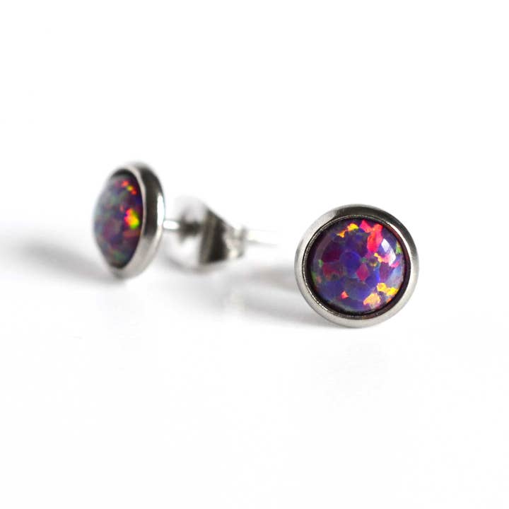 Purple Lab Opal Stud Earrings, Hypoallergenic Surgical Steel Studs for wholesale by Little Gems Jewels