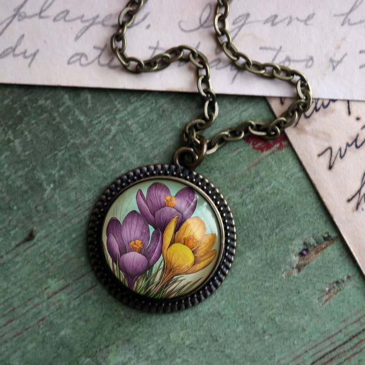 The Divine Iguana - Wholesale Pendant/Charm Necklace - Spring Crocus Flowers Glass and Bronze Pendant Necklace3