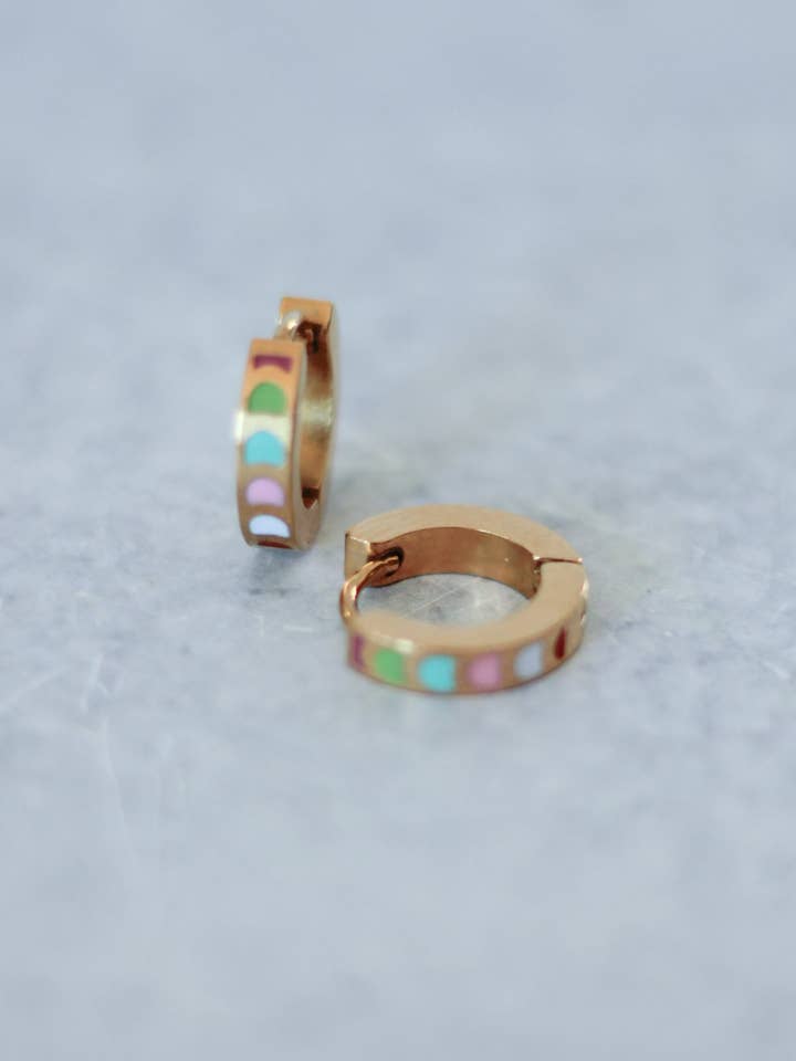 Rainbow Enamel Gold Chunky Huggie Hoops for wholesale by Wondermint Goods