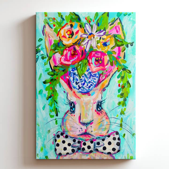 Impression sur toile Eleanor Bunny - Peinture d'art de lapin floral Décor de Pâques pour la vente par Audra Style