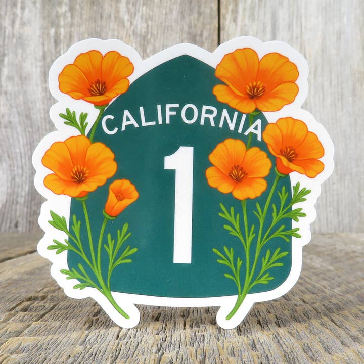 California Highway 1 Sign Sticker Green Pacific Coast HWY Poppies Souvenir Travel for wholesale by Kirk's Krafts