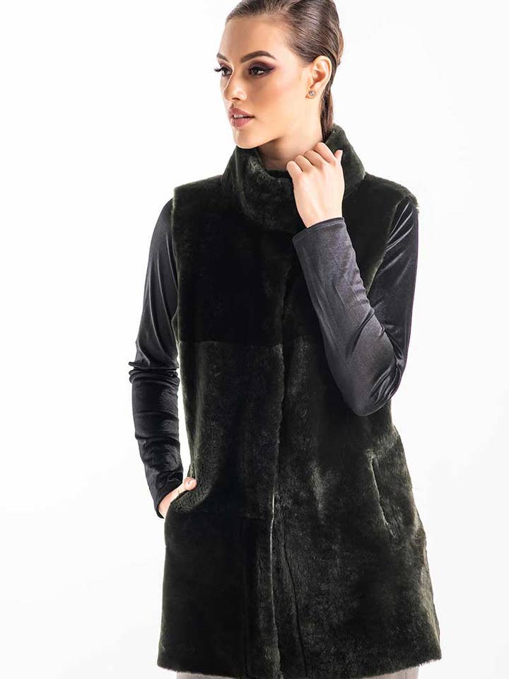 Olive Reversible Geniune Nappa Lamb Leather Mouton Fur Vest for wholesale by Buy Me Fur