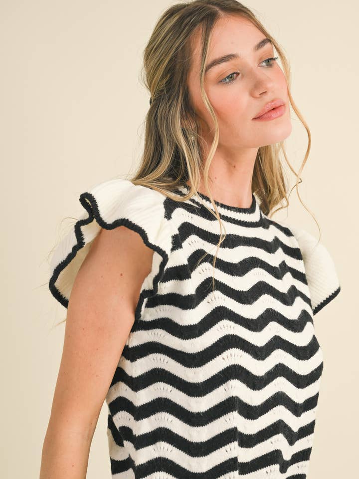 &MERCI - Wholesale Knit Sweater - Women's - WAVY STRIPES FLUTTER SLEEVE SWEATER TOP MSW105091